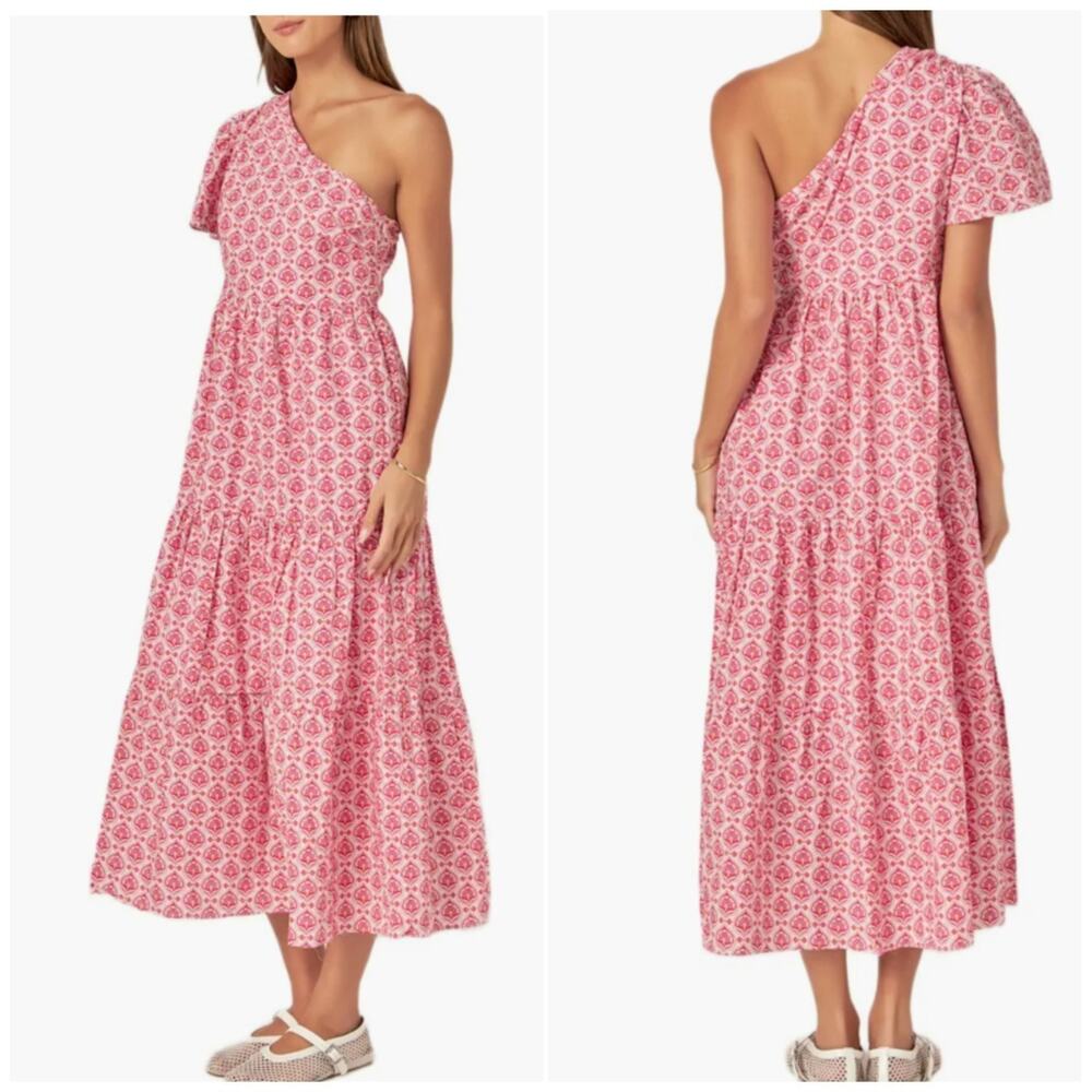 English Factory One Shoulder Block Print Ruffle Tiered Maxi Dress Cotton Large